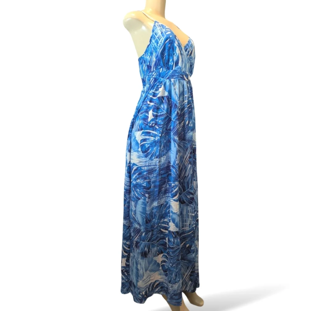 Hawaiianize Blue Tropical Print Cotton Maxi Dress Women's Large NWT